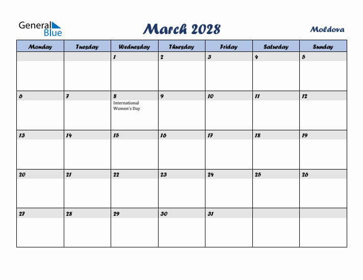 March 2028 Calendar with Holidays in Moldova