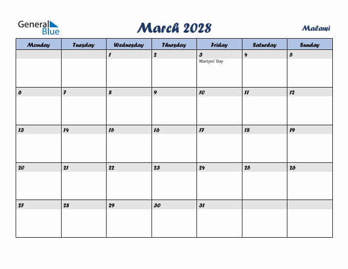 March 2028 Calendar with Holidays in Malawi