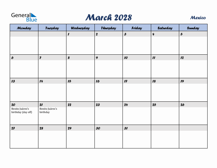 March 2028 Calendar with Holidays in Mexico