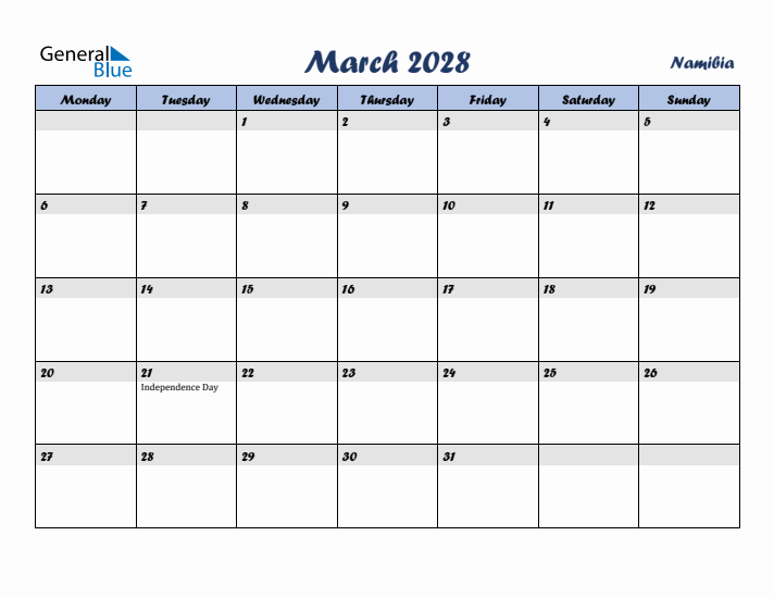 March 2028 Calendar with Holidays in Namibia