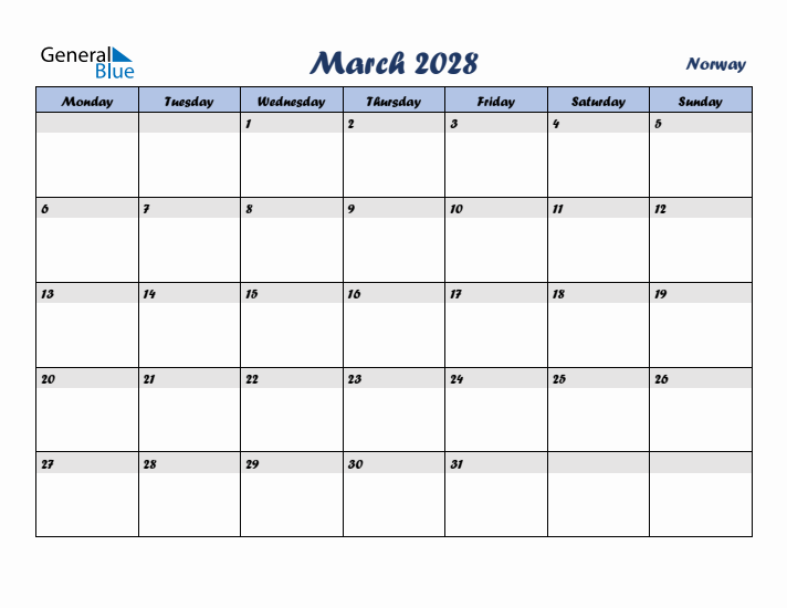 March 2028 Calendar with Holidays in Norway