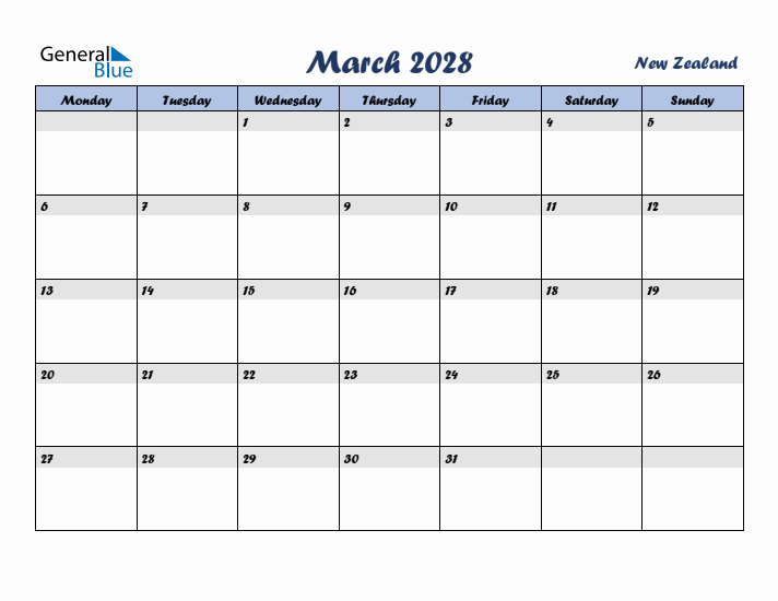 March 2028 Calendar with Holidays in New Zealand