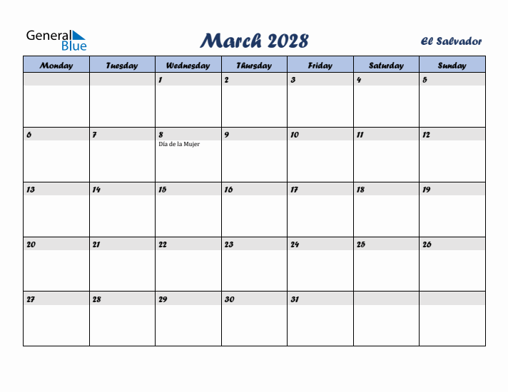 March 2028 Calendar with Holidays in El Salvador