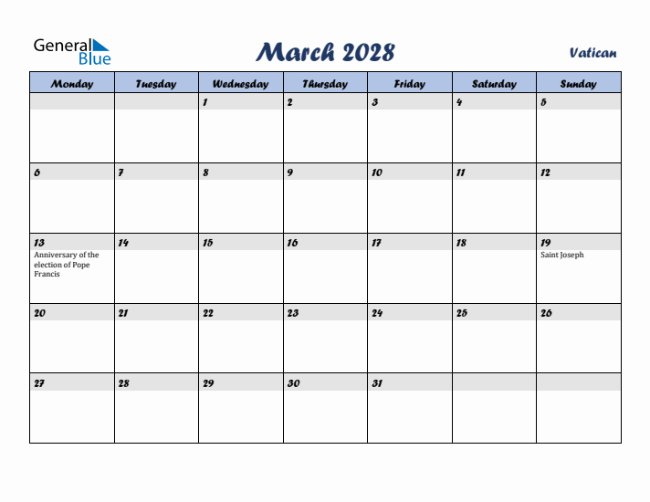 March 2028 Calendar with Holidays in Vatican