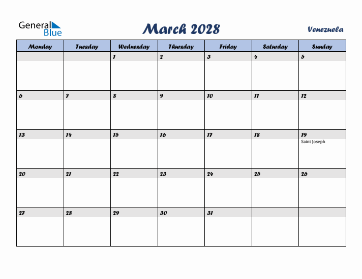 March 2028 Calendar with Holidays in Venezuela