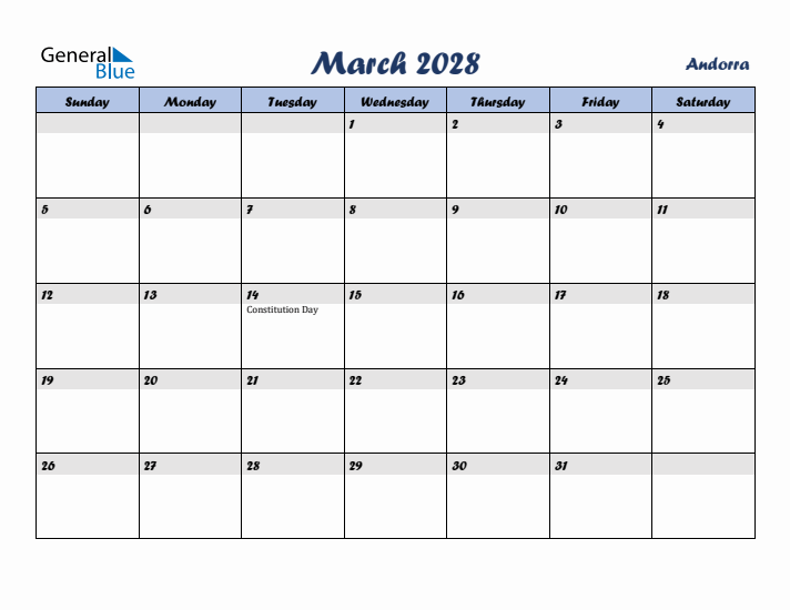 March 2028 Calendar with Holidays in Andorra