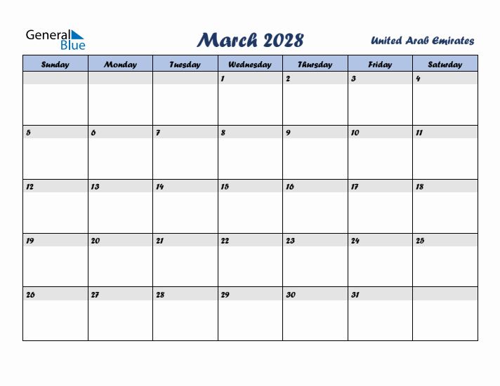 March 2028 Calendar with Holidays in United Arab Emirates