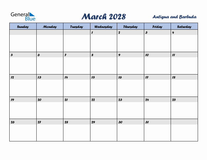 March 2028 Calendar with Holidays in Antigua and Barbuda