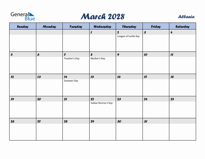 March 2028 Calendar with Holidays in Albania