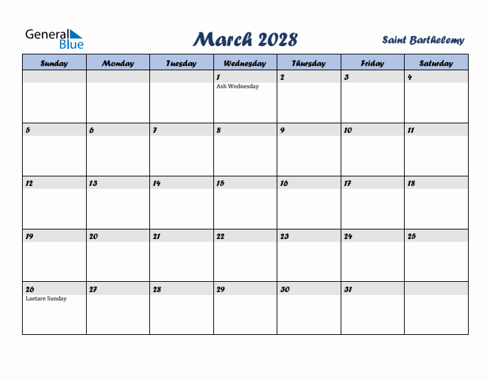 March 2028 Calendar with Holidays in Saint Barthelemy