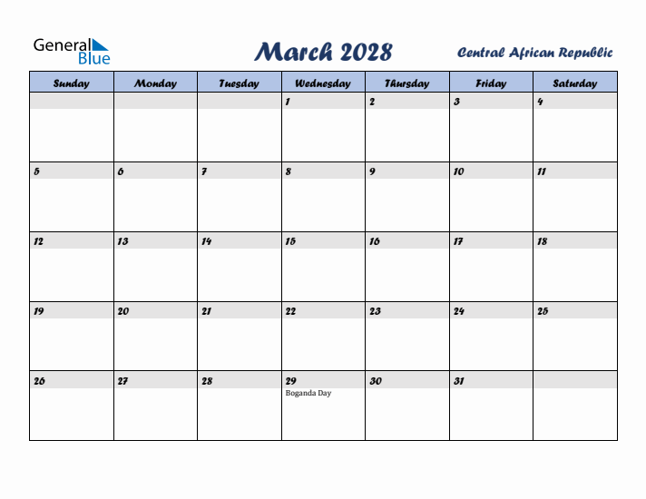 March 2028 Calendar with Holidays in Central African Republic