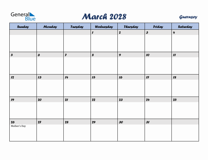 March 2028 Calendar with Holidays in Guernsey