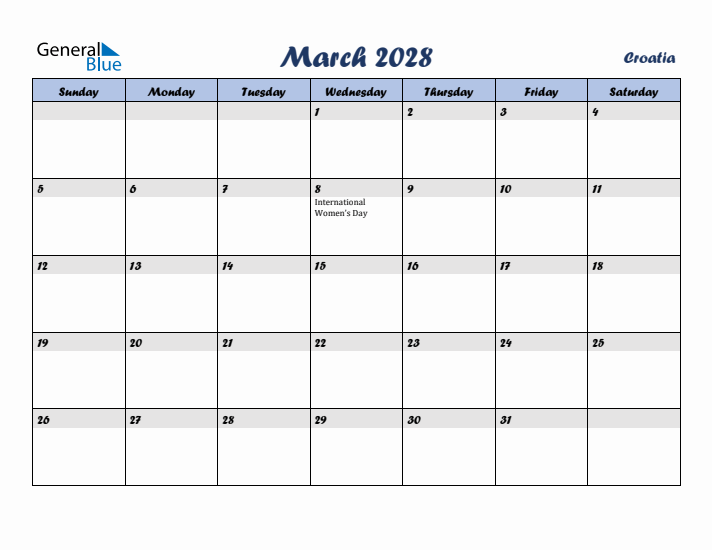 March 2028 Calendar with Holidays in Croatia