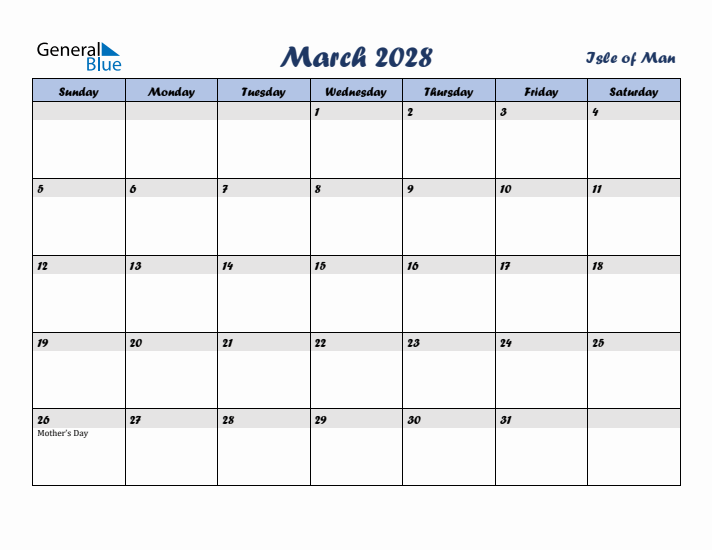 March 2028 Calendar with Holidays in Isle of Man