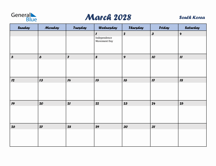 March 2028 Calendar with Holidays in South Korea