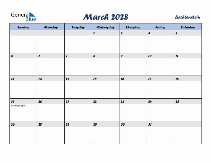 March 2028 Calendar with Holidays in Liechtenstein