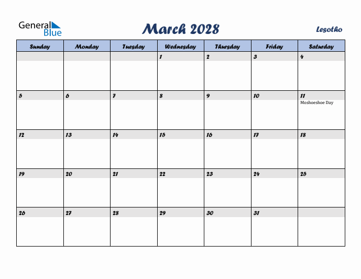 March 2028 Calendar with Holidays in Lesotho