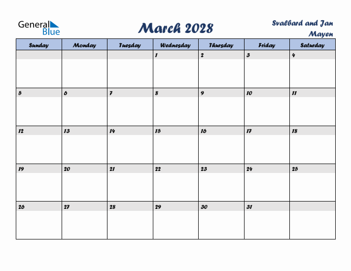 March 2028 Calendar with Holidays in Svalbard and Jan Mayen