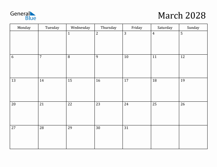 March 2028 Calendar