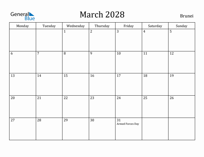 March 2028 Calendar Brunei