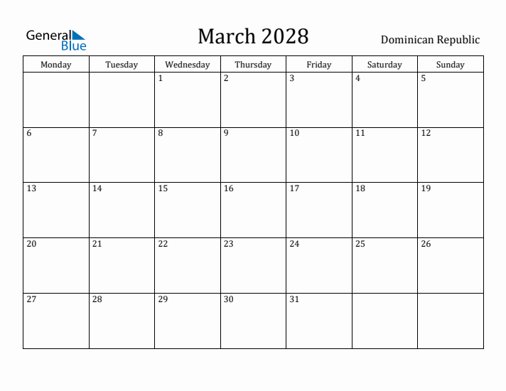 March 2028 Calendar Dominican Republic