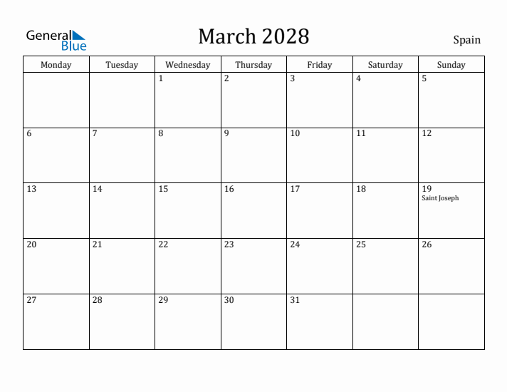 March 2028 Calendar Spain