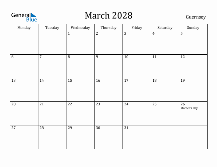 March 2028 Calendar Guernsey