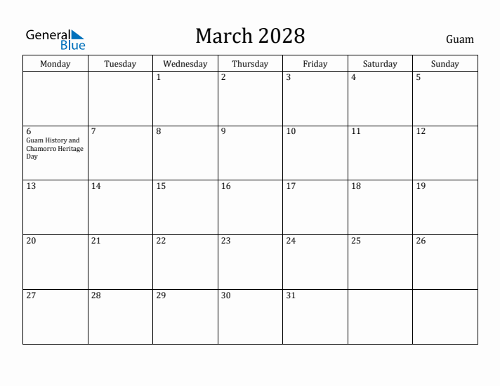 March 2028 Calendar Guam