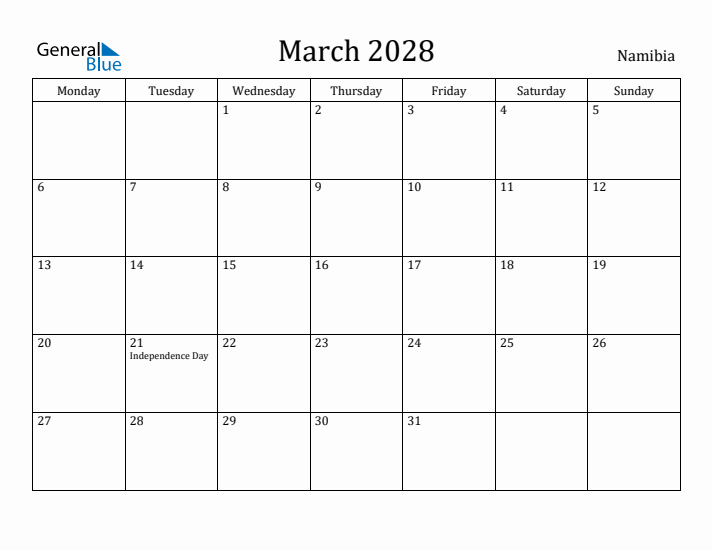 March 2028 Calendar Namibia