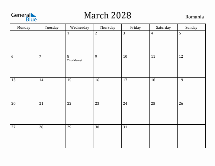 March 2028 Calendar Romania