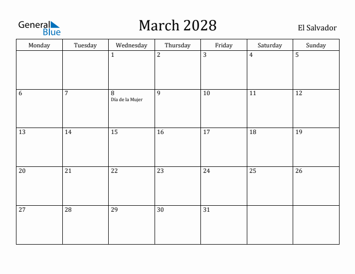 March 2028 Calendar El Salvador