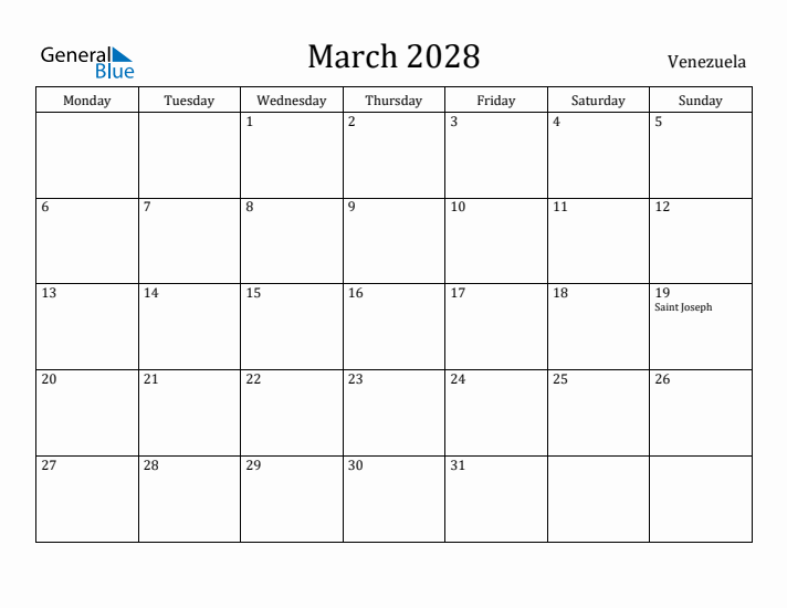 March 2028 Calendar Venezuela