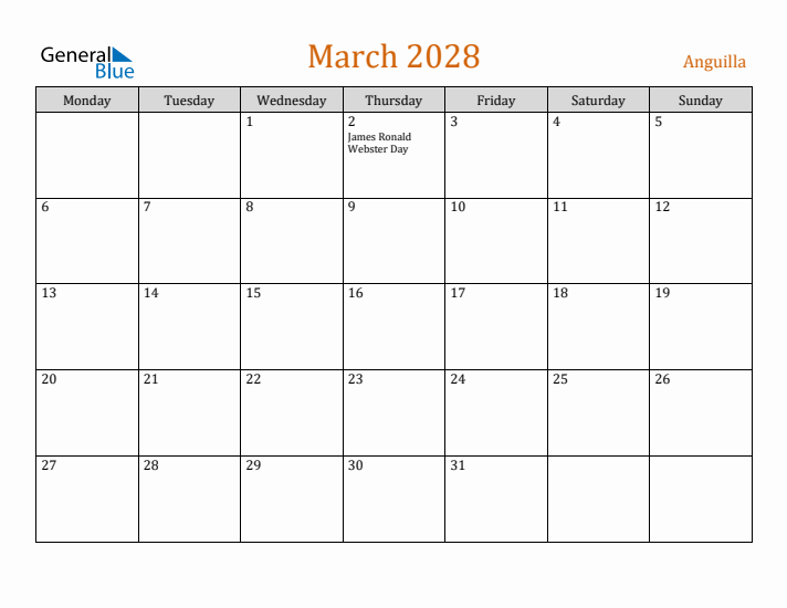 March 2028 Holiday Calendar with Monday Start