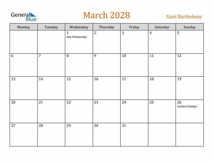 March 2028 Holiday Calendar with Monday Start