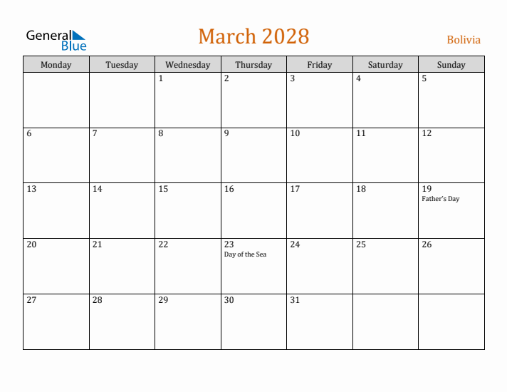 March 2028 Holiday Calendar with Monday Start