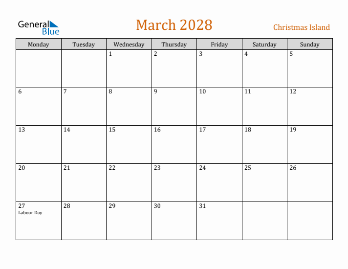 March 2028 Holiday Calendar with Monday Start