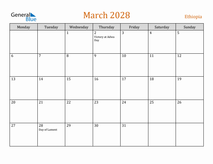 March 2028 Holiday Calendar with Monday Start