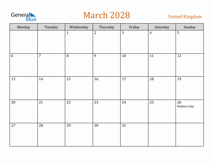 March 2028 Holiday Calendar with Monday Start