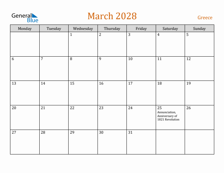 March 2028 Holiday Calendar with Monday Start