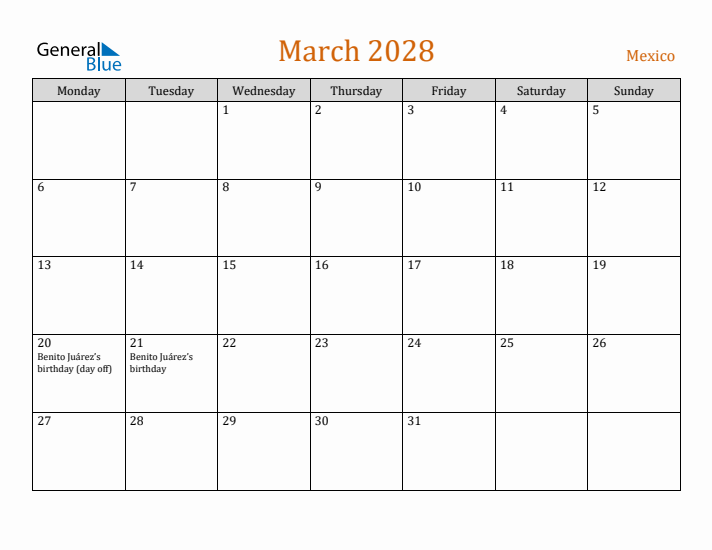 March 2028 Holiday Calendar with Monday Start