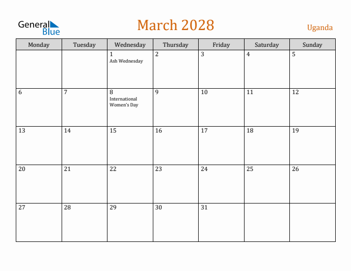 March 2028 Holiday Calendar with Monday Start