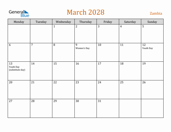 March 2028 Holiday Calendar with Monday Start