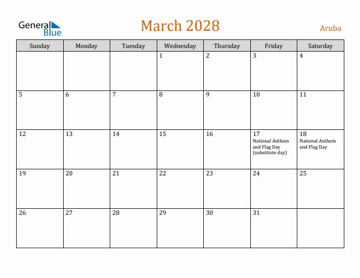 March 2028 Holiday Calendar with Sunday Start