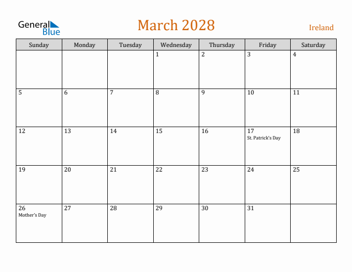 March 2028 Holiday Calendar with Sunday Start