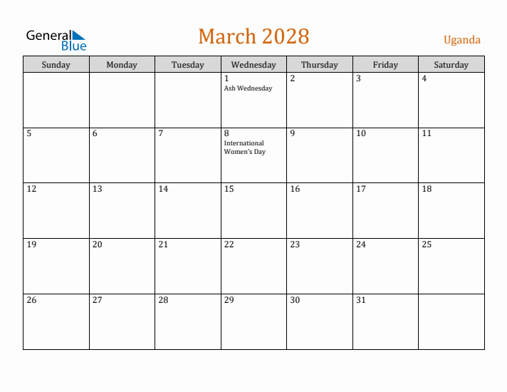 March 2028 Holiday Calendar with Sunday Start