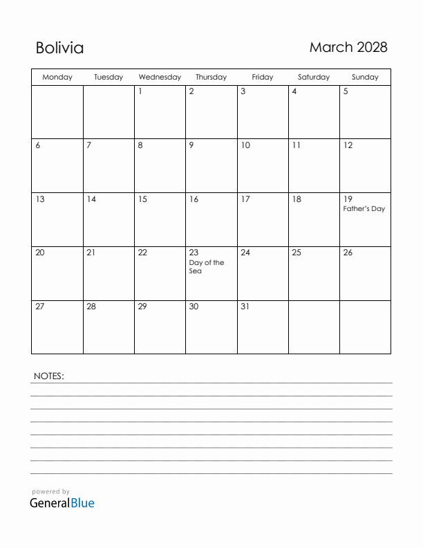 March 2028 Bolivia Calendar with Holidays (Monday Start)