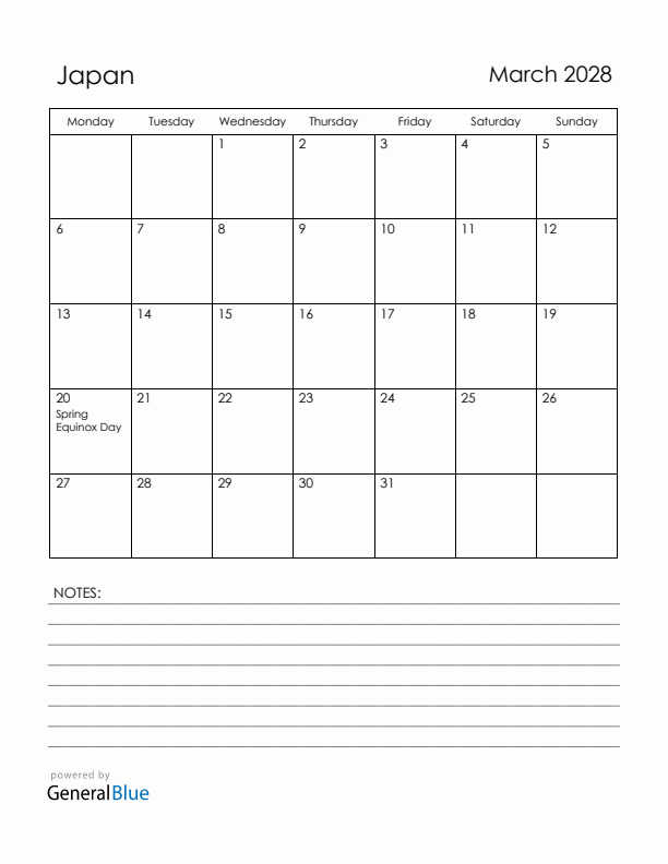 March 2028 Japan Calendar with Holidays (Monday Start)