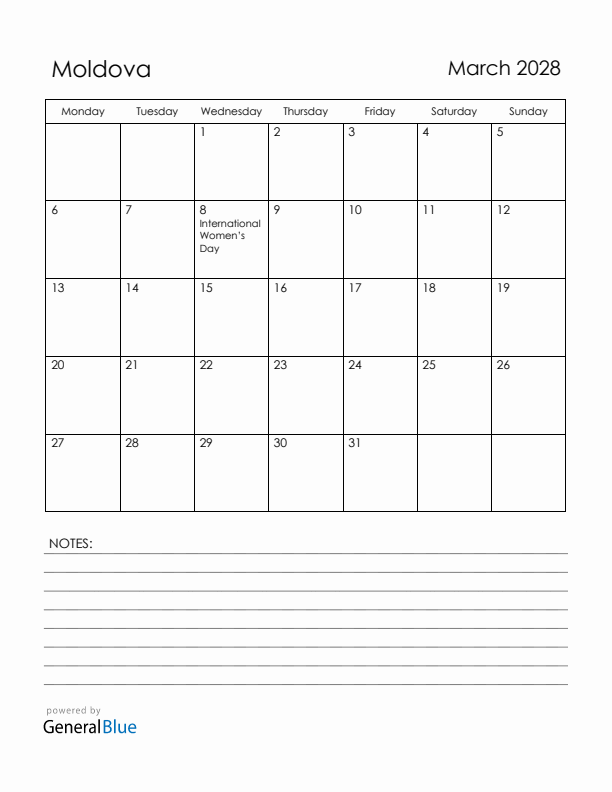 March 2028 Moldova Calendar with Holidays (Monday Start)