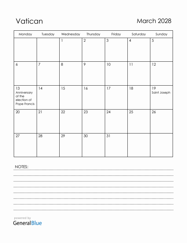 March 2028 Vatican Calendar with Holidays (Monday Start)