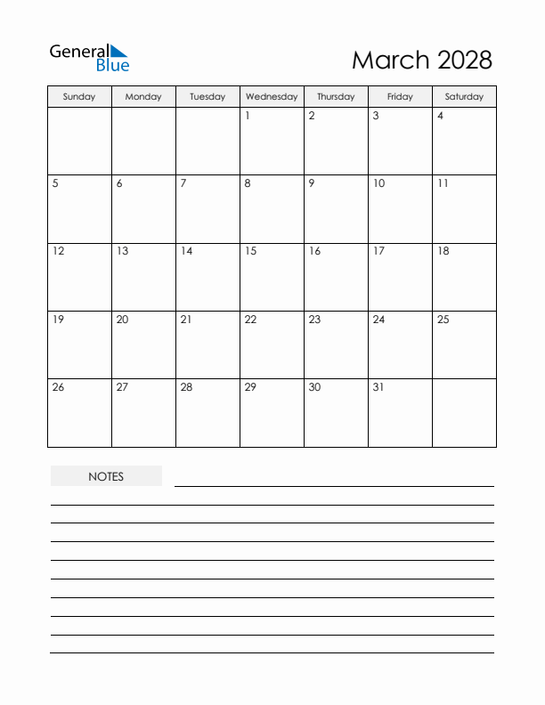 Printable Calendar with Notes - March 2028 